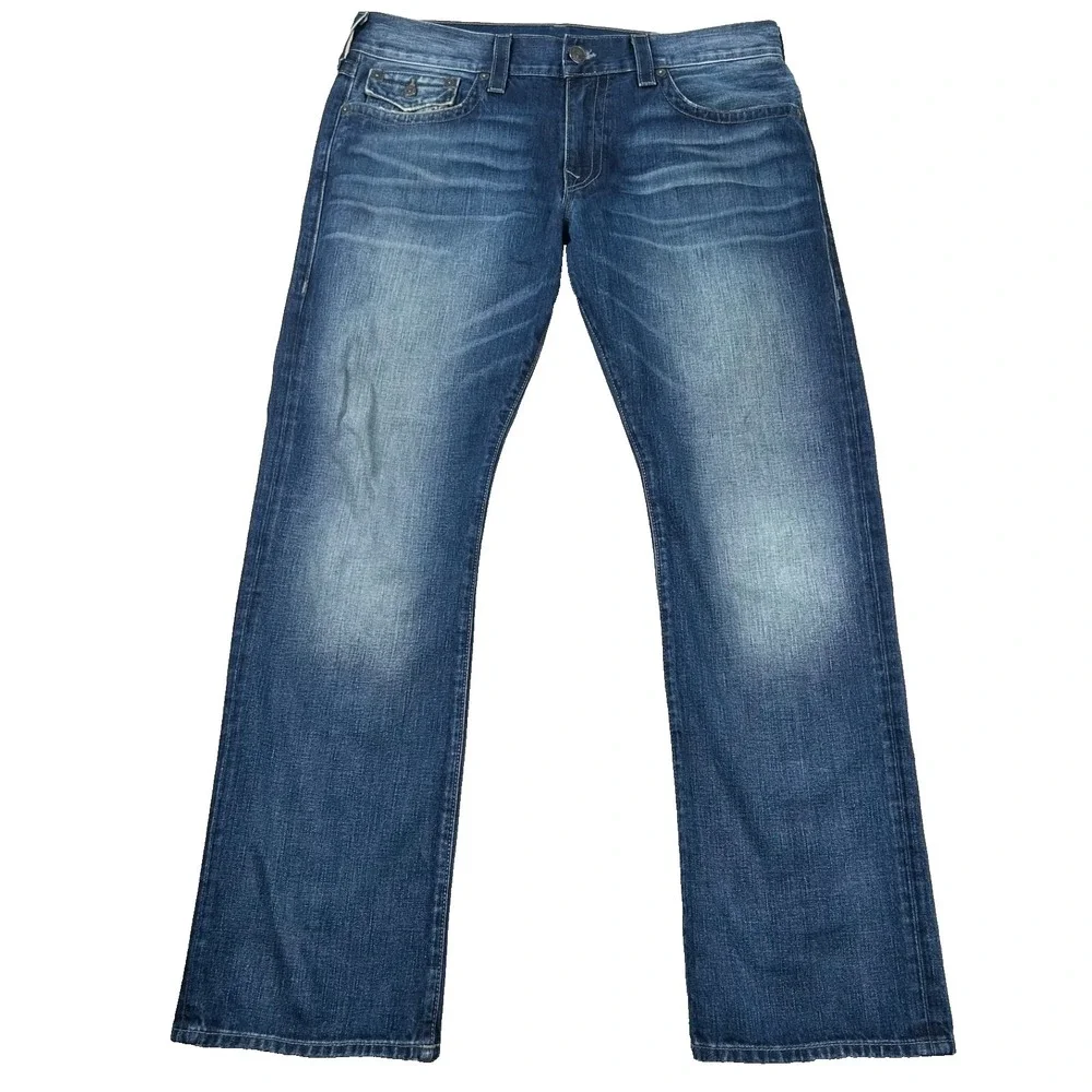 True Religion Ricky Jeans Mens 38 (fits 39x34) Relaxed Straight Flaps Embossed